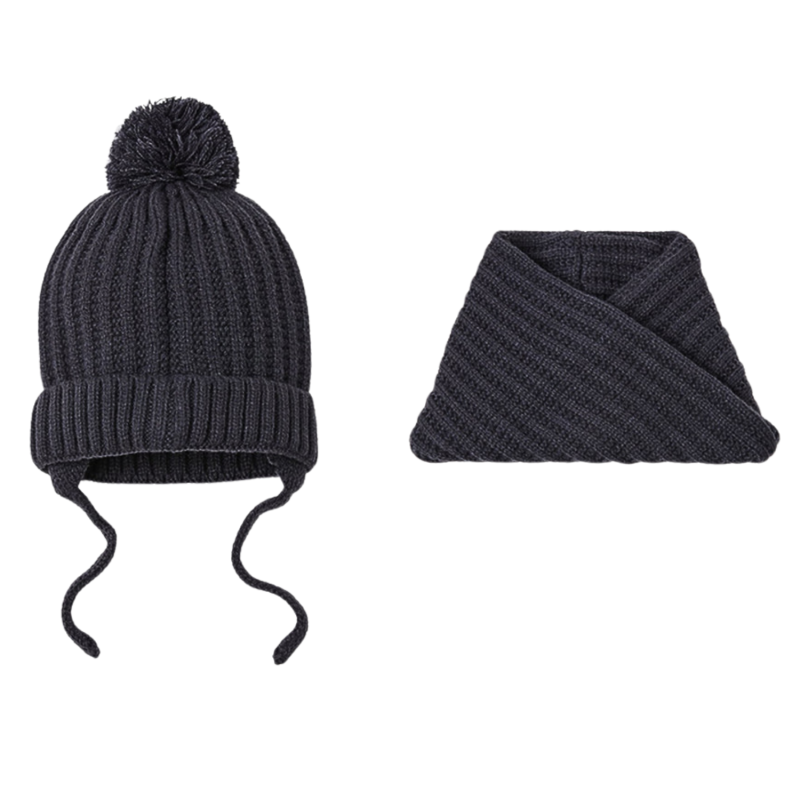 Navy Blue Kids Winter 2PCS Pompom Beanie + Scarf Wk2410-014