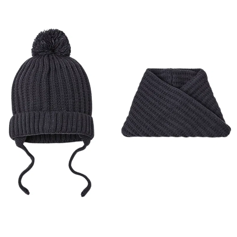 Marineblaue Winter-Kombination für Kinder, bestehend aus Mütze mit Bommel und Schal, Wk2410-014