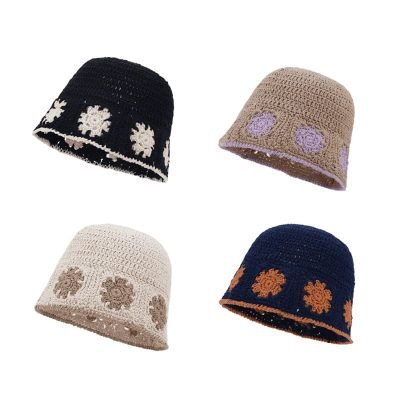 Women's Polyester Trendy Flower Korean Style  Retro Casual Knitted Fisherman Hat