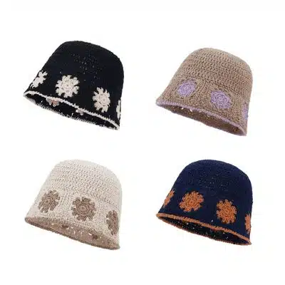 Cappello da pescatore casual retrò in maglia stile coreano con fiori alla moda in poliestere da donna