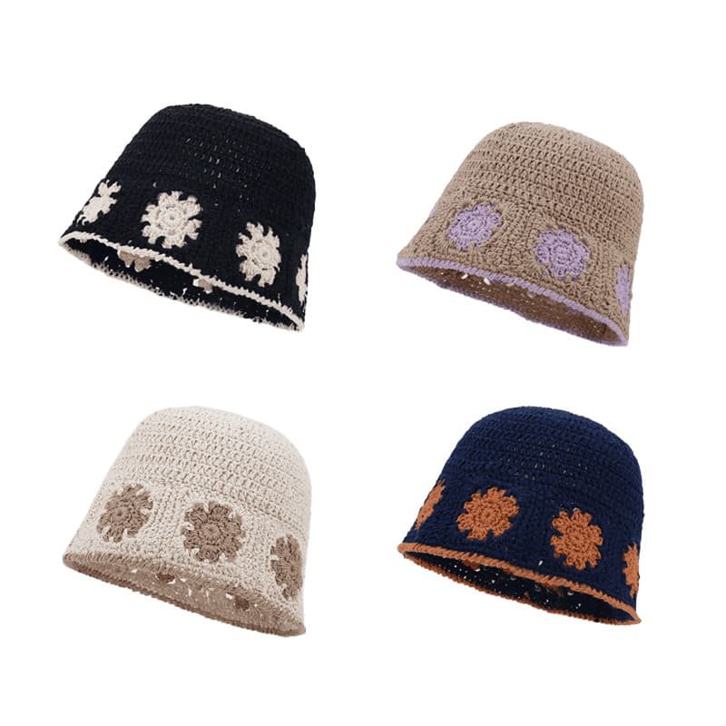 Women's Polyester Trendy Flower Korean Style  Retro Casual Knitted Fisherman Hat