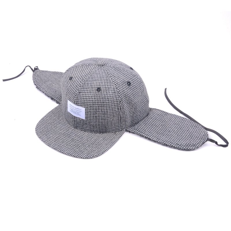 Custom Melton Wool 6 Panel Applique Houndstooth Hat With Ear Flaps