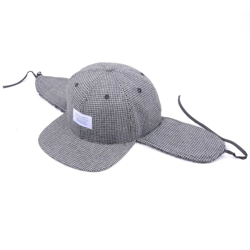 Chapeau à 6 panneaux en laine Melton personnalisé avec motif pied-de-poule et oreillettes