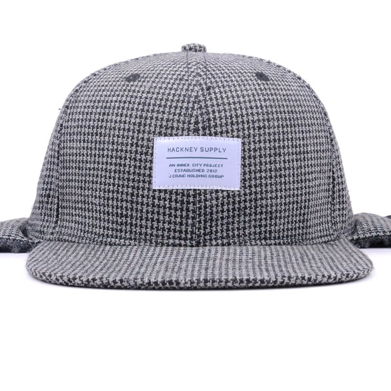 Custom Melton Wool 6 Panel Applique Houndstooth Hat With Ear Flaps