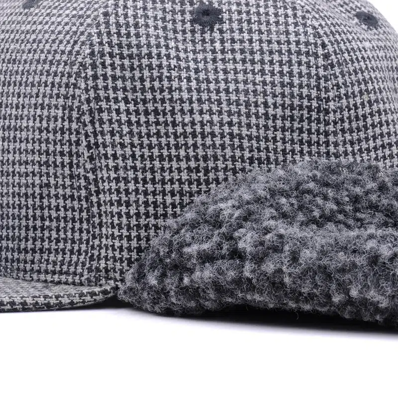 Chapeau à 6 panneaux en laine Melton personnalisé avec motif pied-de-poule et oreillettes