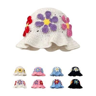 Wool Knitted Commission Patch Colorful Flower Crochet Bucket Hat