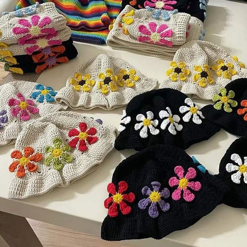 Wool Knitted Commission Patch Colorful Flower Crochet Bucket Hat