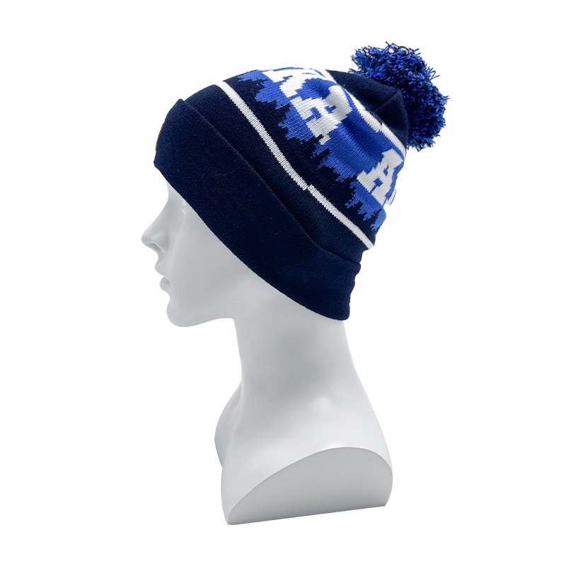 Custom Embroidery Logo Jacquard Knit Pom Pom Beanie
