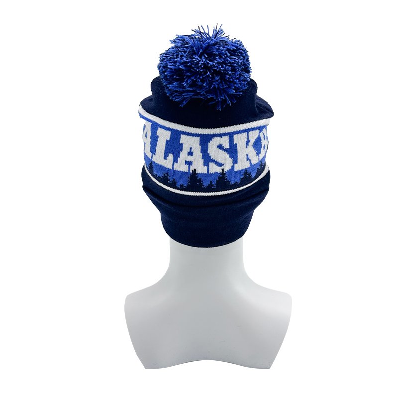 Custom Embroidery Logo Jacquard Knit Pom Pom Beanie