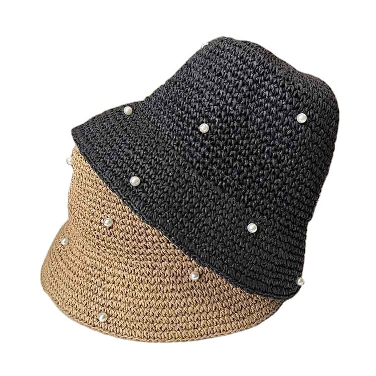 Trendy Polyester Foldable Knitted Crochet Sun Hat With Pearls for Women