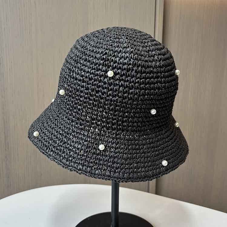 Trendy Polyester Foldable Knitted Crochet Sun Hat With Pearls for Women