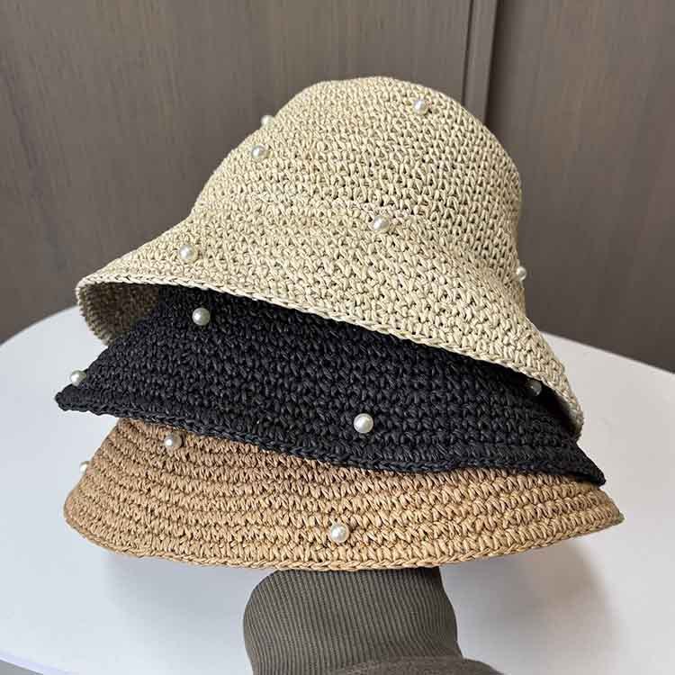 Trendy Polyester Foldable Knitted Crochet Sun Hat With Pearls for Women