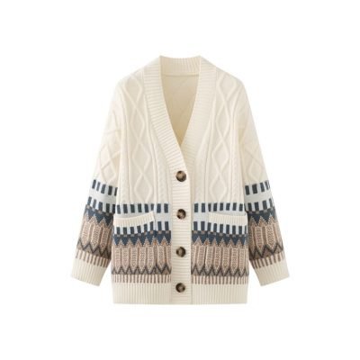 Women's Cotton Vintage Jacquard Cardigan Knitted Sweater