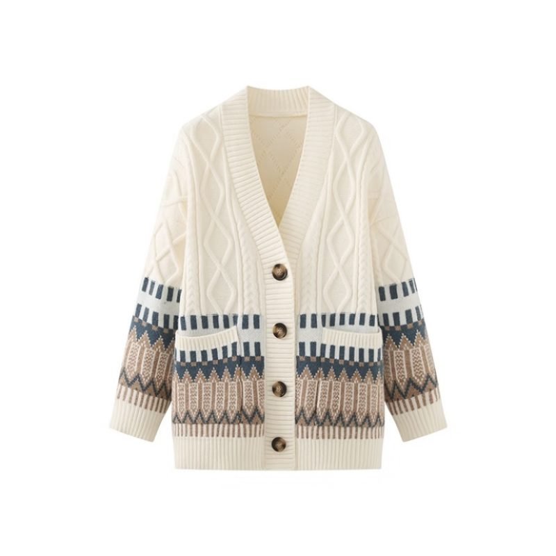 Women's Cotton Vintage Jacquard Cardigan Knitted Sweater
