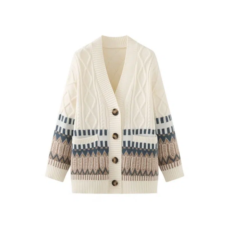 Women's Cotton Vintage Jacquard Cardigan Knitted Sweater