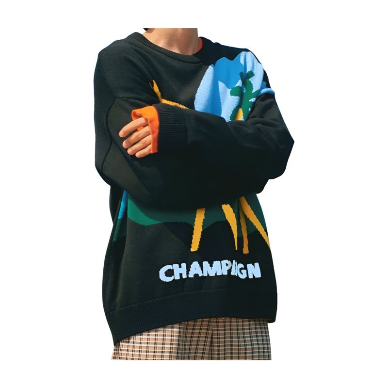 Men's Cotton Letter Jacquard Long Sleeve Pullover Knitted Sweater