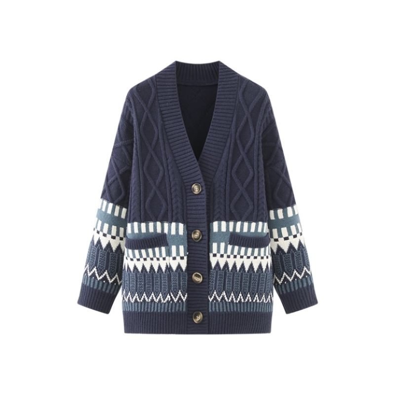 Women's Cotton Vintage Jacquard Cardigan Knitted Sweater