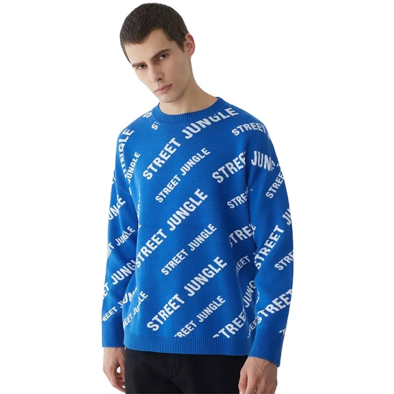 Custom Men's Cotton Jacquard Pullover Casual Crew Neck Knitted Jumper