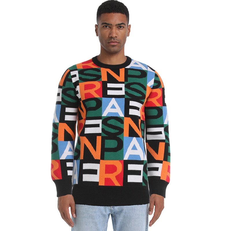 Men's Cotton Anti-wrinkle Jacquard Casual Crew Neck Knitted Sweater