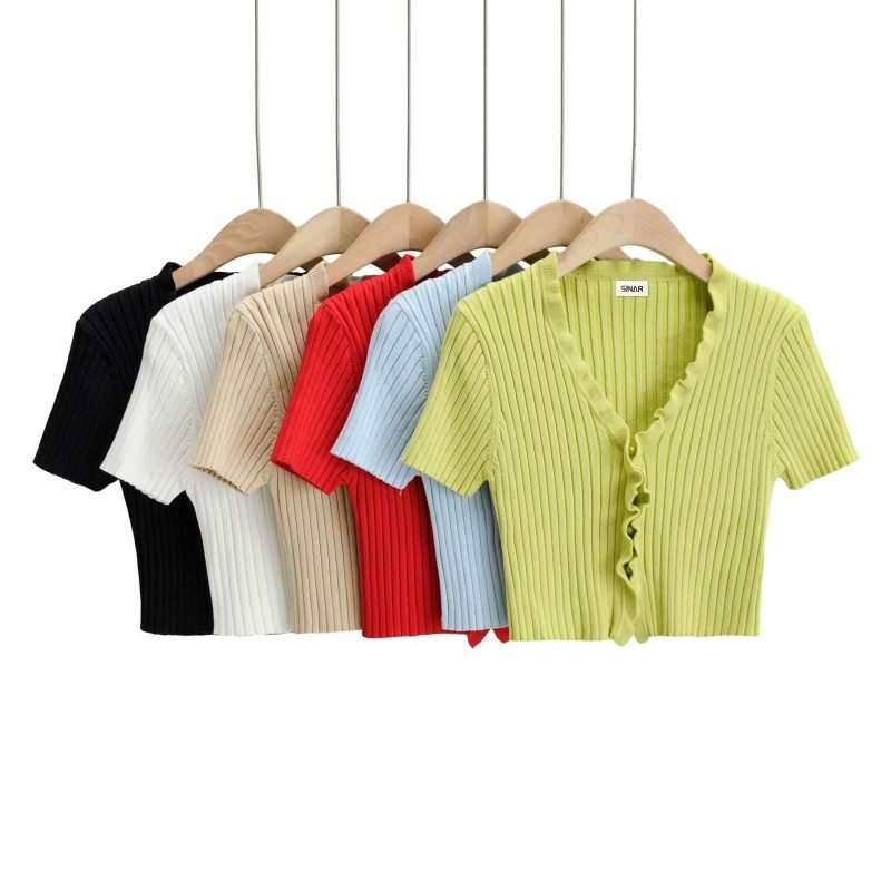 Women's Short Sleeve Anti-wrinkle Polyester Knitted Cardigan Sweater