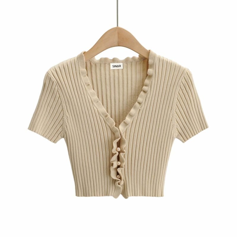 Women's Short Sleeve Anti-wrinkle Polyester Knitted Cardigan Sweater