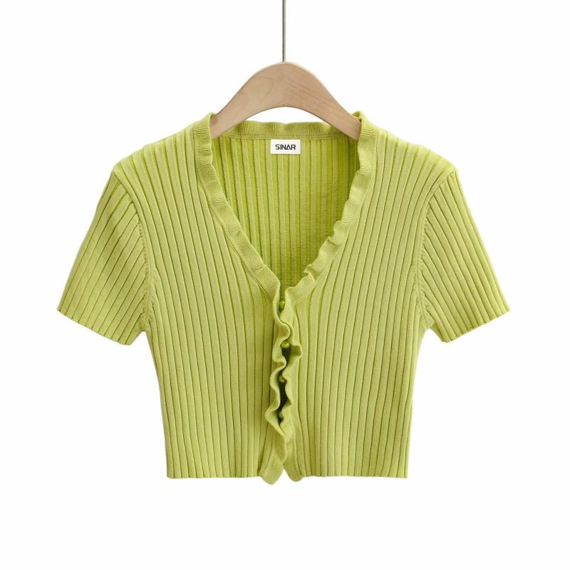 Women's Short Sleeve Anti-wrinkle Polyester Knitted Cardigan Sweater