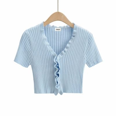 Women's Short Sleeve Anti-wrinkle Polyester Knitted Cardigan Sweater