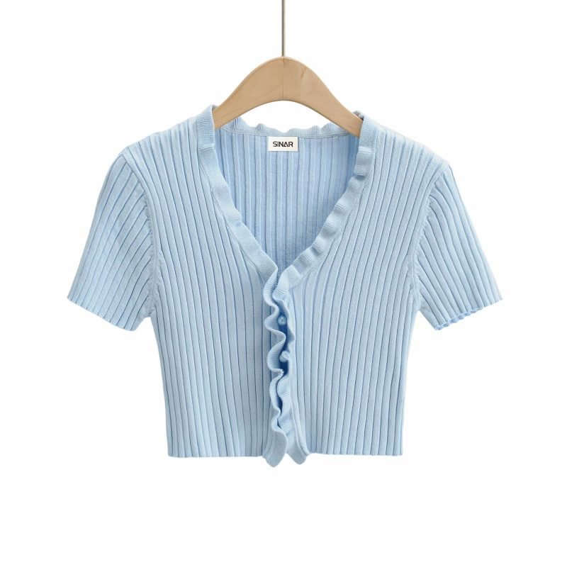 Women's Short Sleeve Anti-wrinkle Polyester Knitted Cardigan Sweater