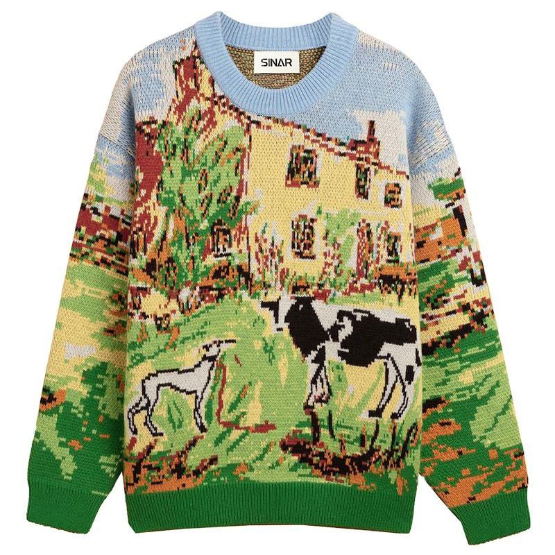 Custom LOGO Men's Jacquard Pattern Pullover Cotton Casual Knitted Sweater