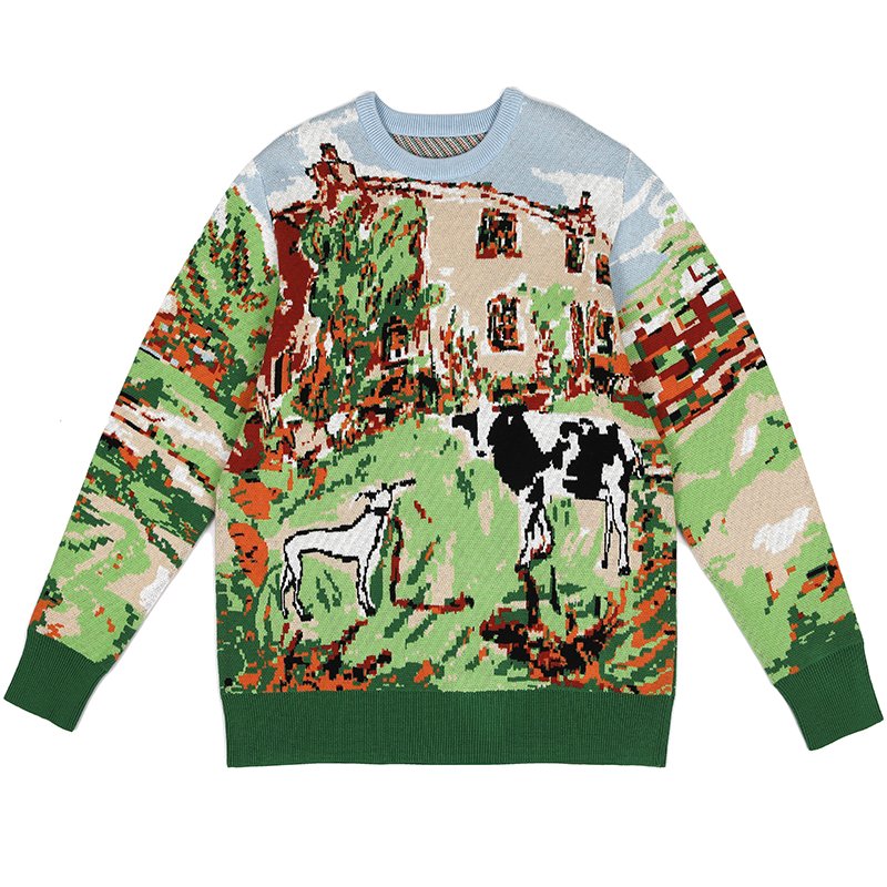Custom LOGO Men's Jacquard Pattern Pullover Cotton Casual Knitted Sweater