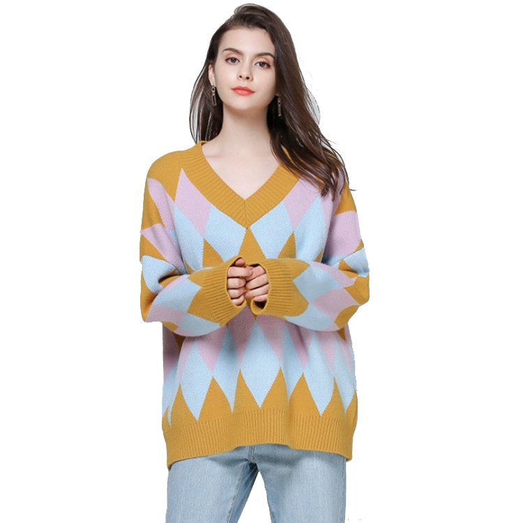Custom Women's Cotton Long Sleeve Jacquard V Neck Fashion Knitted Sweater