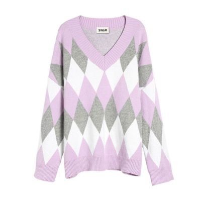 Custom Women's Cotton Long Sleeve Jacquard V Neck Fashion Knitted Sweater