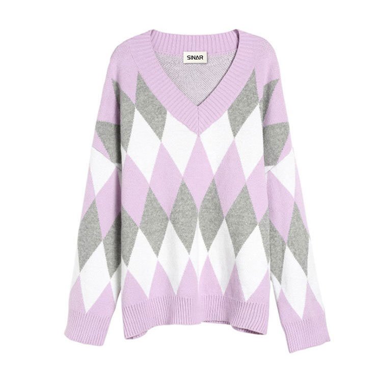 Custom Women's Cotton Long Sleeve Jacquard V Neck Fashion Knitted Sweater
