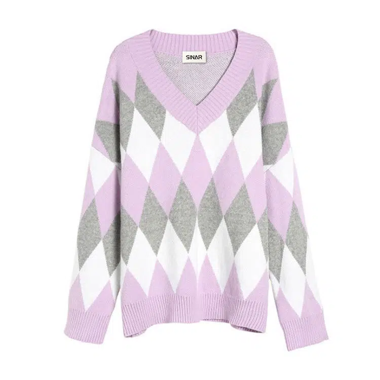 Custom Women's Cotton Long Sleeve Jacquard V Neck Fashion Knitted Sweater