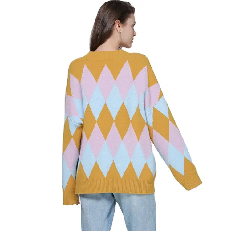 Custom Women's Cotton Long Sleeve Jacquard V Neck Fashion Knitted Sweater