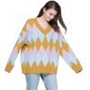 Custom Women's Cotton Long Sleeve Jacquard V Neck Fashion Knitted Sweater