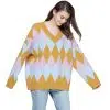 Custom Women's Cotton Long Sleeve Jacquard V Neck Fashion Knitted Sweater