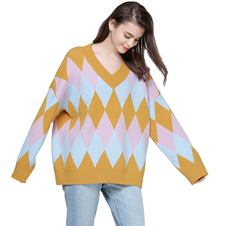 Custom Women's Cotton Long Sleeve Jacquard V Neck Fashion Knitted Sweater