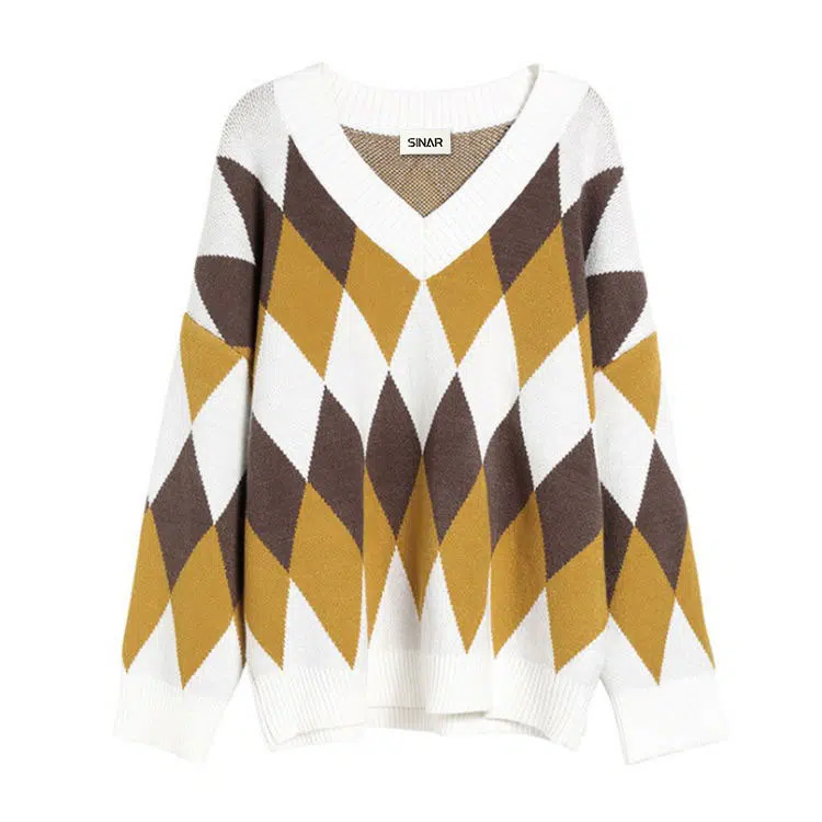 Custom Women's Cotton Long Sleeve Jacquard V Neck Fashion Knitted Sweater