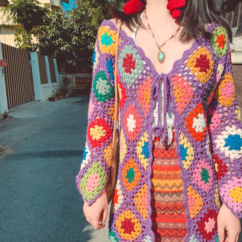 Custom Women's Cotton Hollow Out Cardigan Crocheting Winter Sweater