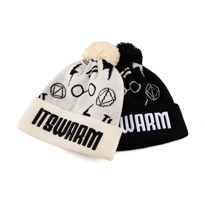 Custom Embroidery logo Acrylic Pom Pom Beanie