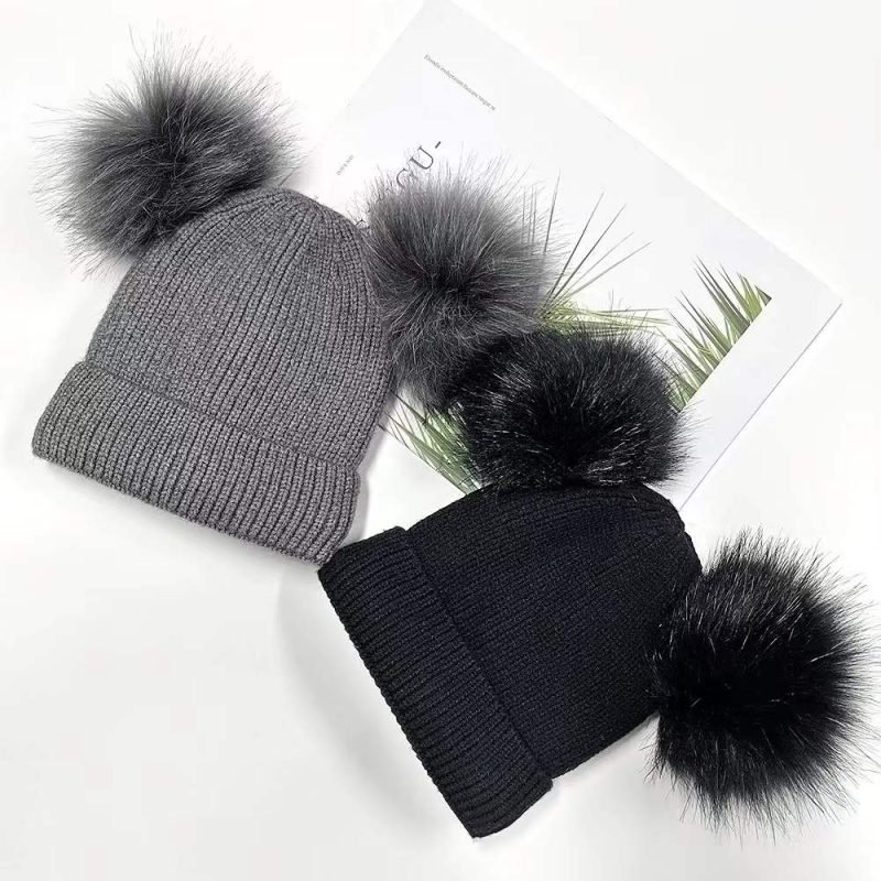 Wholesale Fleece Lined Thicken Cotton Faux Fur Pom Pom Beanie