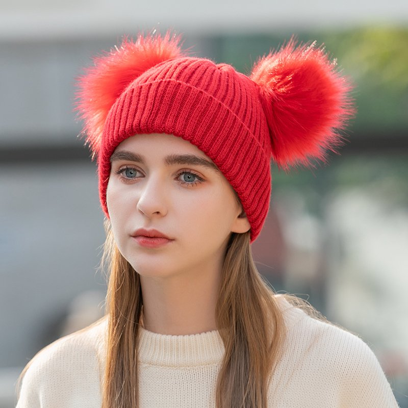 Wholesale Fleece Lined Thicken Cotton Faux Fur Pom Pom Beanie