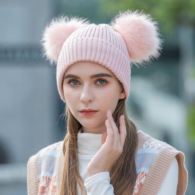 Wholesale Fleece Lined Thicken Cotton Faux Fur Pom Pom Beanie