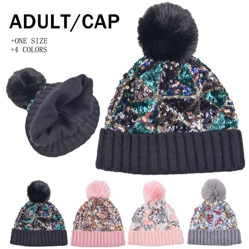 Women's Fashion Fur Ball Autumn Winter Sequin Pom Pom Beanie