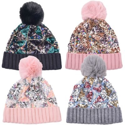 Women's Fashion Fur Ball Autumn Winter Sequin Pom Pom Beanie