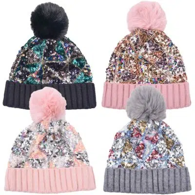Women's Fashion Fur Ball Autumn Winter Sequin Pom Pom Beanie