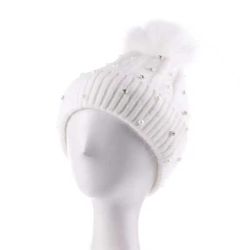 Custom Women's Fleece-Lined Knit Beanie with Rhinestones and Pom Pom