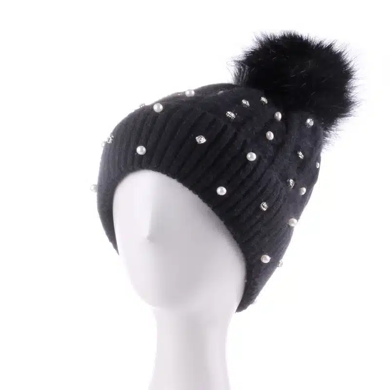 Custom Women's Fleece-Lined Knit Beanie with Rhinestones and Pom Pom