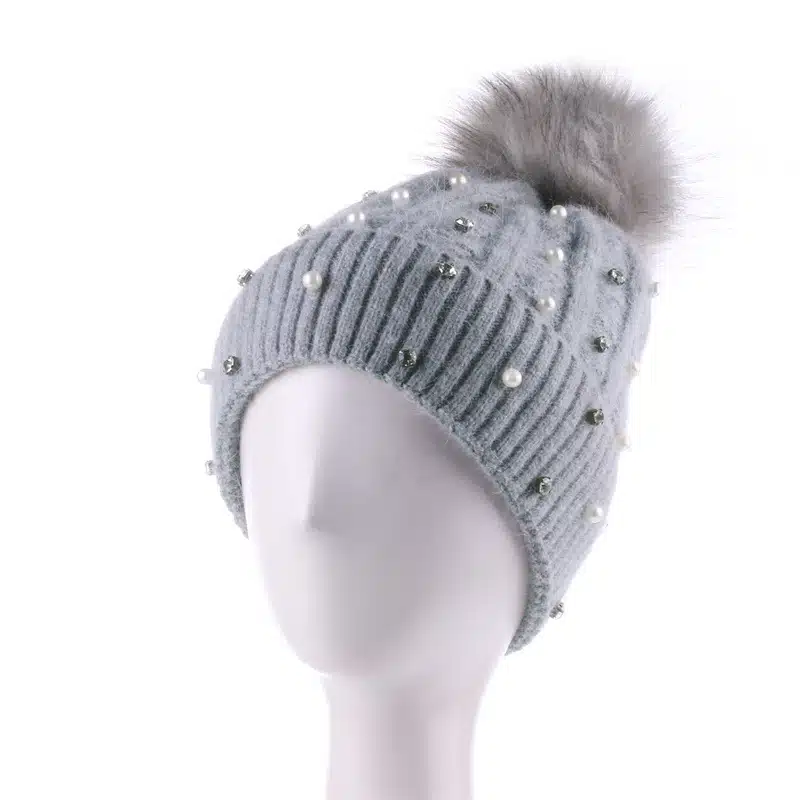 Custom Women's Fleece-Lined Knit Beanie with Rhinestones and Pom Pom